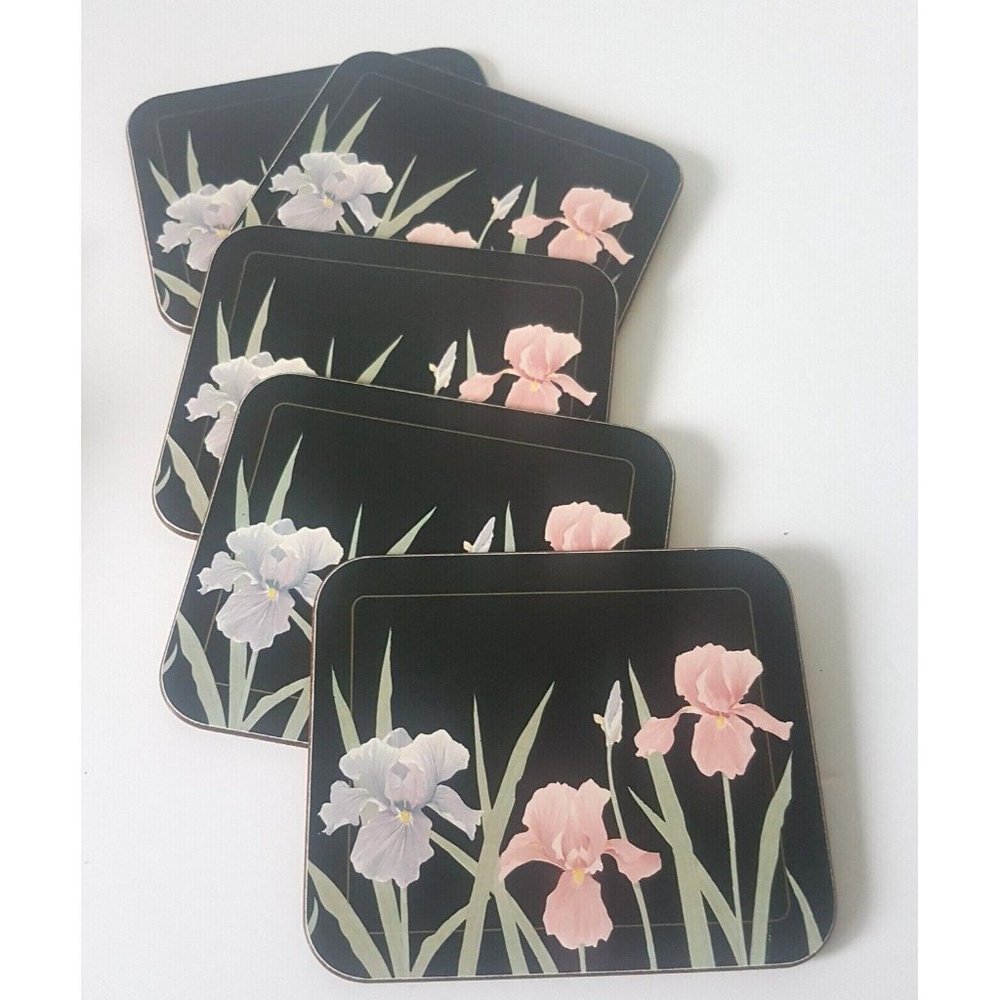 Vintage JASON Coasters New Zealand Flowers Set of 5 In Box Iristime Black